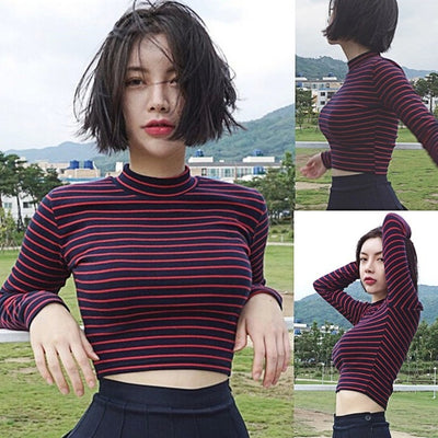 Crop Tops Women 2021 Chic All-match Classic Stripe Slim Short Bustier Crop Top Turtleneck Long Sleeved T-shirt Sexy Shirts Tee