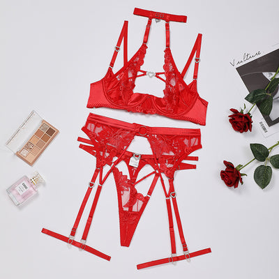 Summer New Complex Craft Love Drill Buckle  Cutout Embroidery Halter Underwear Set