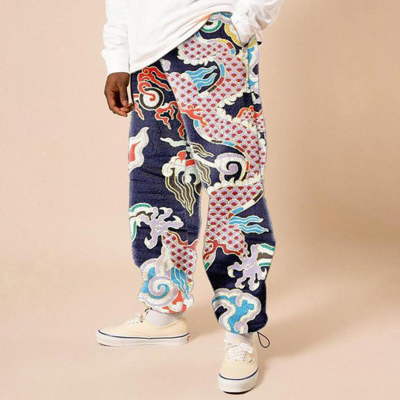 Trousers Loose Mid-waist Printed Fall   For Men