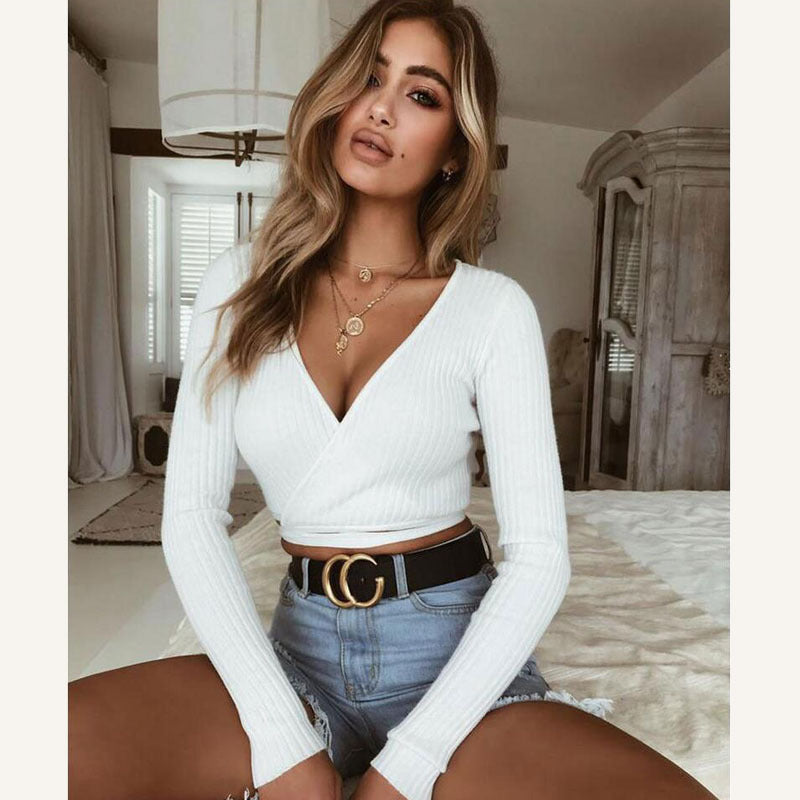 2021 Sexy Women Ladies Summer Slim Crop Tops Long Sleeve T Shirt Casual Solid V Neck Knitted Short Tops