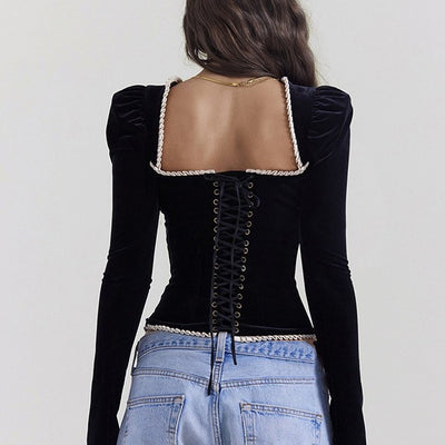 Women's Square Collar Velvet Backless Lace Up T-shirt Top