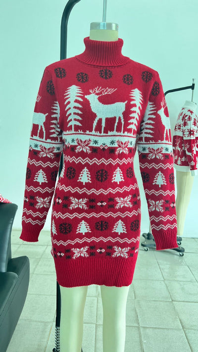 Women's Elk Christmas Tree Jacquard Long Sleeve Dress Sweater