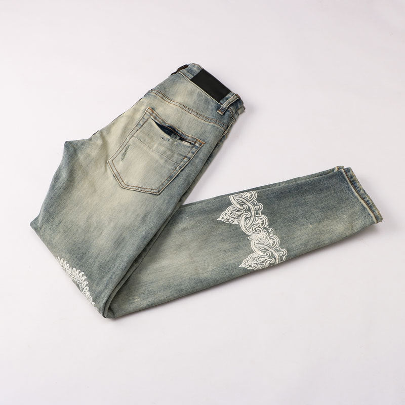 Vintage Distressed Printing Stylish Jeans For Men