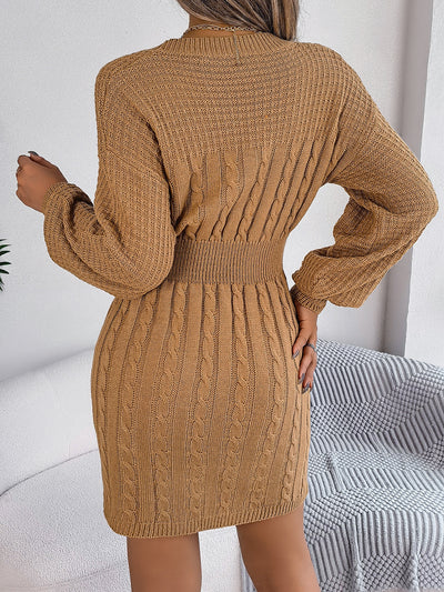 Solid Color Twist Hollow-out Lantern Sleeve Package Hip Sweater Dress