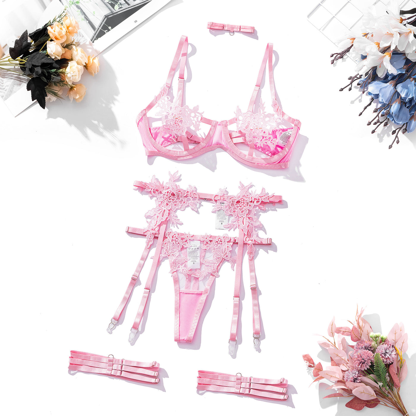 Embroidered Water Soluble Flower Girl Clothing Mesh See-through Underwear Bra Set