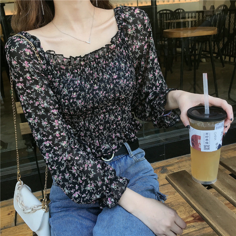 Summer Pleated Floral Print Chiffon Blouses Casual Puff