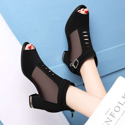 Chunky Heel Mesh Ankle Boots Spring And Summer Pointed Toe Mesh Shoes