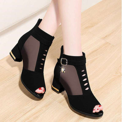 Chunky Heel Mesh Ankle Boots Spring And Summer Pointed Toe Mesh Shoes