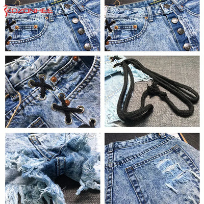 Vintage Snowflake Inelastic Women Denim Shorts With high Waist Straps Tassel Female Summer Shorts For Women's jeans