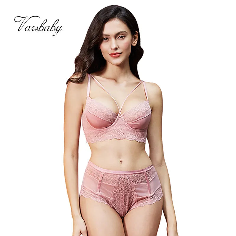 Varsbaby new french style sexy ultra-thin floral lace underwear unlined beauty back bra sets