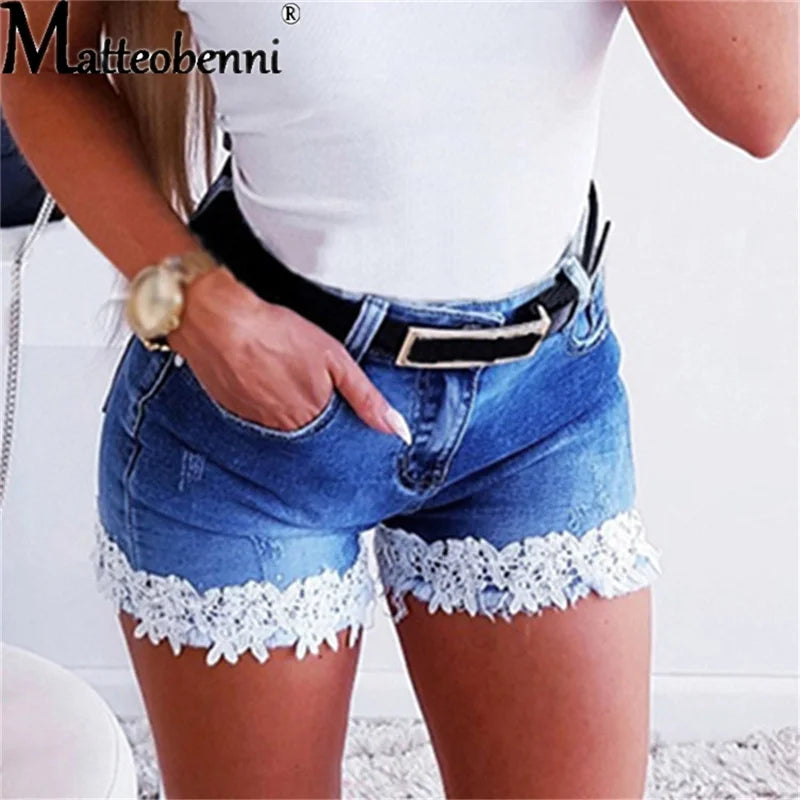 Fashion Sexy Female Decals High Waist Lace Hot Shorts 2021 Summer New Women Beach Resort Bohemia Streetwear Washed Denim Shorts