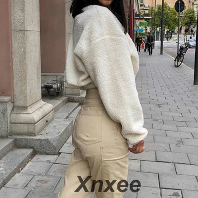 Xnxee Hugcitar long sleeve zipper high neck Faux lambswool crop tops 2018 autumn winter women fashion solid coat jacket