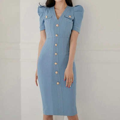 Elegant Office Lady Dress Summer High Waist Tight Dress V-Neck Puff Sleeve Decorated Single-Breasted Button Denim Dress