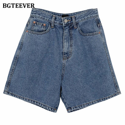 BGTEEVER Casual High Waist Straight Jeans Shorts Summer Pockets Loose Female Blue Denim Shorts Ladies High Street Bottoms 2020