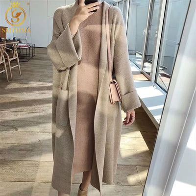 SMTHMA New 2022 Autumn Winter Women's Loose Sweaters Korean Chic Style Casual Long Cashmere Knitted Cardigans Coat