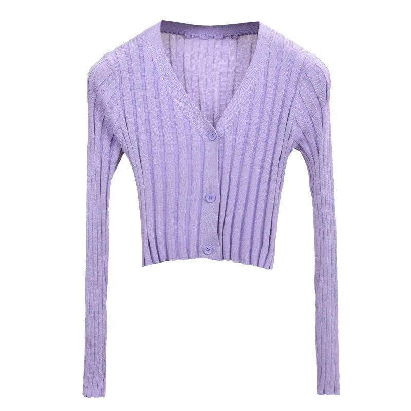 Knit Crop Tops Women V-Neck Knitted Casual Short Sweaters Cardigans Lady Knitting Thin Summer Cardigan Outwear for Female