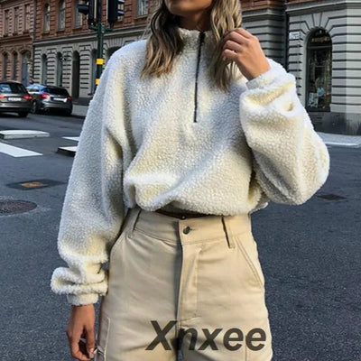 Xnxee Hugcitar long sleeve zipper high neck Faux lambswool crop tops 2018 autumn winter women fashion solid coat jacket