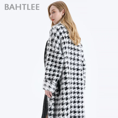 BAHTLEE Women Angora Long Coat Houndstooth Pattern Sweater Winter Wool Knitted Cardigans Jumper Turn Down Collar Long Sleeves