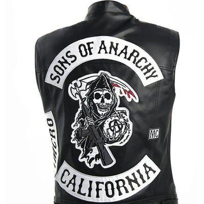 2020 New/ Sons Of Anarchy/ Embroidery Leather Rock Punk Vest Cosplay Costume Black Color Motorcycle Sleeveless Vest Jacket Men