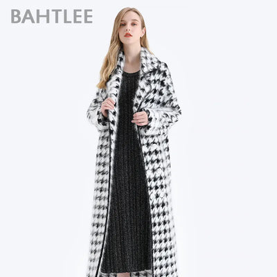 BAHTLEE Women Angora Long Coat Houndstooth Pattern Sweater Winter Wool Knitted Cardigans Jumper Turn Down Collar Long Sleeves