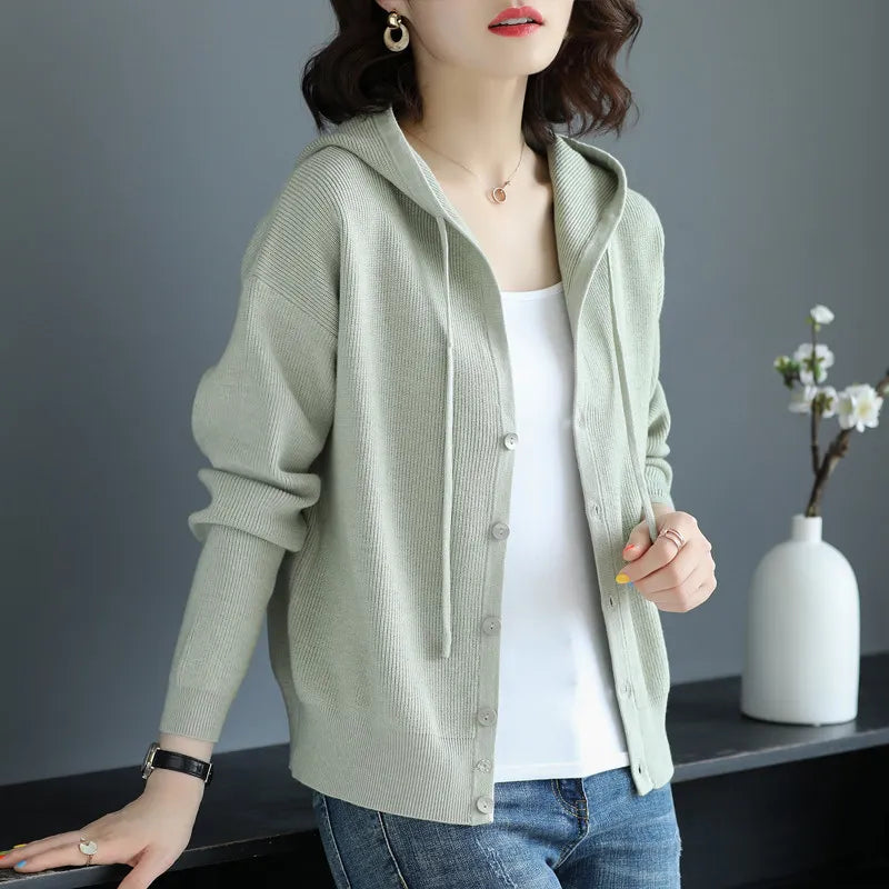 Women 2020 Spring Autumn Casual Hooded Thin Knitted Sweater Female Loose Cardigans Coat New Ladies Solid Outerwear  NS4637