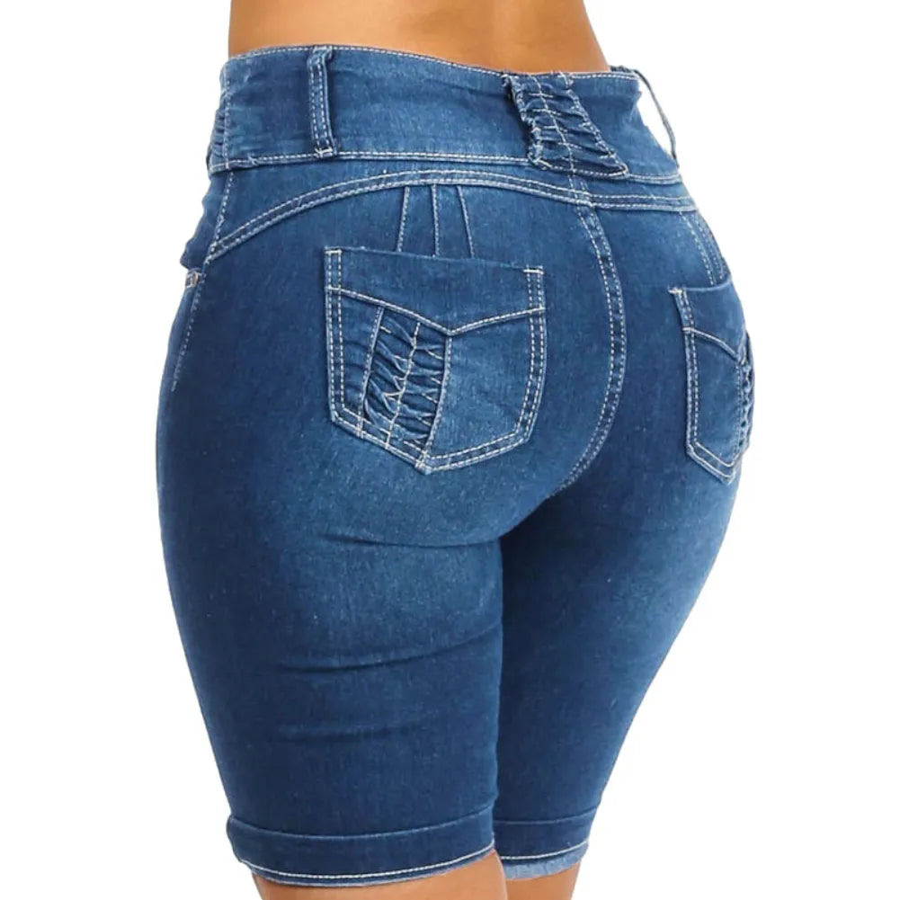 Plus Size Denim Shorts Women Summer Elastic Slims Fit Bodycon Knee Length Shorts Skinny Denim Shorts for Women short feminino