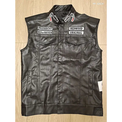 2020 New/ Sons Of Anarchy/ Embroidery Leather Rock Punk Vest Cosplay Costume Black Color Motorcycle Sleeveless Vest Jacket Men