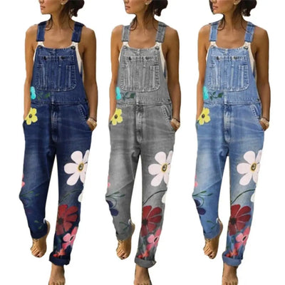 Women Jumpsuit Denim Suspender Ladies Playsuit Floral Print Pockets Rompers High Waist Long Playsuit Streetwear Fashion Overalls