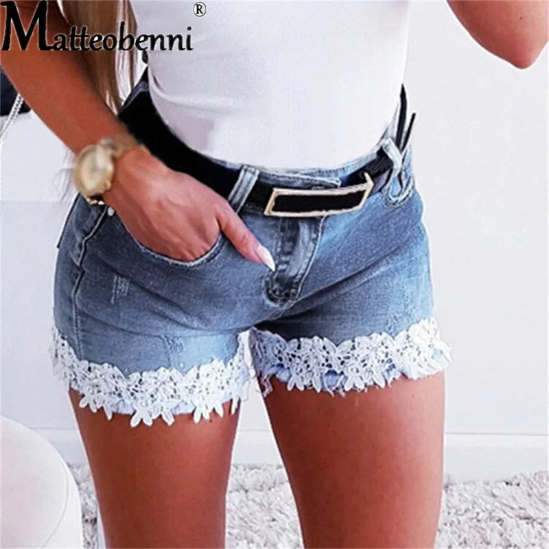 Fashion Sexy Female Decals High Waist Lace Hot Shorts 2021 Summer New Women Beach Resort Bohemia Streetwear Washed Denim Shorts