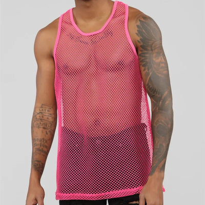 2021 New Men's Tops Sexy Mesh Perspective Vest Fishing Net Muscle Sleeveless See Through Sexy Tops