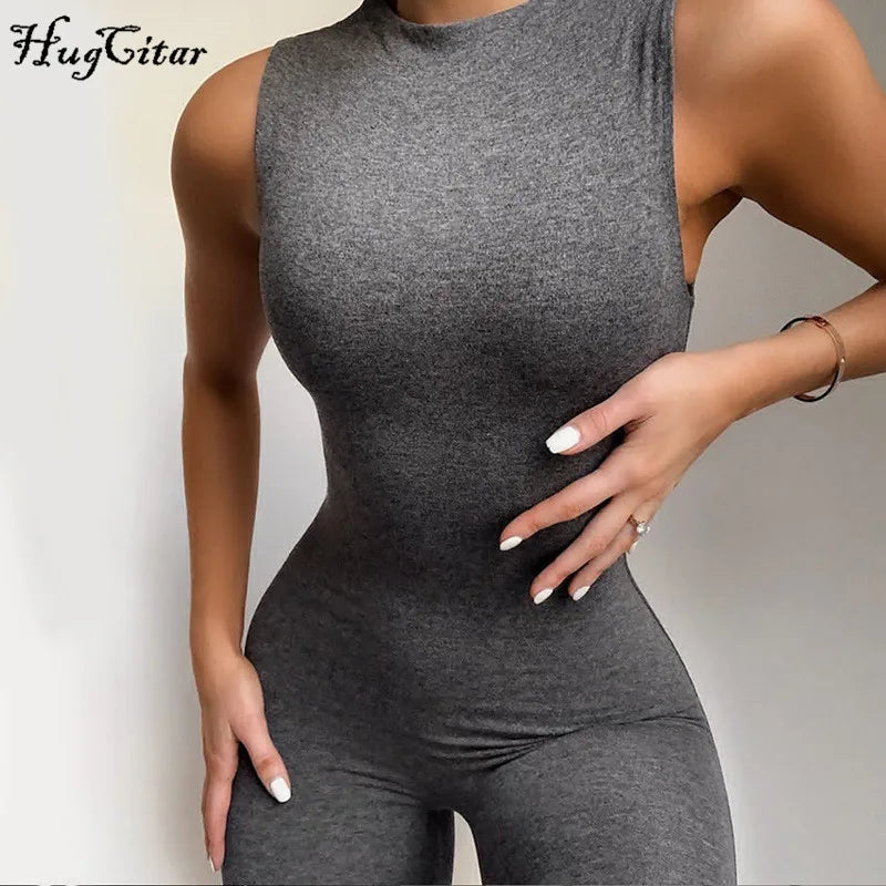 Hugcitar 2020 sleeveless bodycon jumpsuit summer women fashion stretchy outfits white black solid body romper