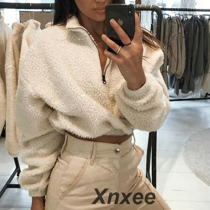 Xnxee Hugcitar long sleeve zipper high neck Faux lambswool crop tops 2018 autumn winter women fashion solid coat jacket