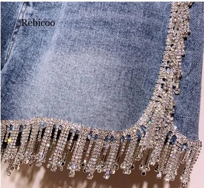 Rhinestone Fringed High Waist Denim Shorts Flash Wimen's High-end Diamond Tassel Short Jeans Hot Pants