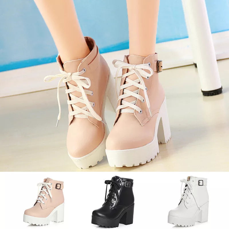 LIN KING Vintage Buckle Thick Heel Short Boots Square Heel Women Platform Ankle Boots Fashion Pu Lace Up Short Boots Big Size