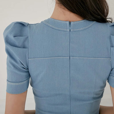 Elegant Office Lady Dress Summer High Waist Tight Dress V-Neck Puff Sleeve Decorated Single-Breasted Button Denim Dress