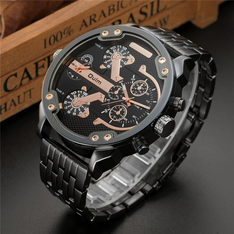 Oulm Huge Two Time Zone Men's Watches Top Luxury Brand Male Quartz Big Size Watch Individuality Large Men Military Wristwatch