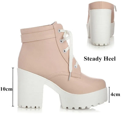 LIN KING Vintage Buckle Thick Heel Short Boots Square Heel Women Platform Ankle Boots Fashion Pu Lace Up Short Boots Big Size