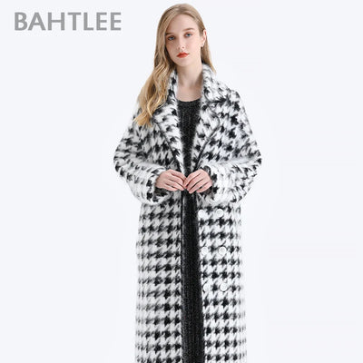 BAHTLEE Women Angora Long Coat Houndstooth Pattern Sweater Winter Wool Knitted Cardigans Jumper Turn Down Collar Long Sleeves