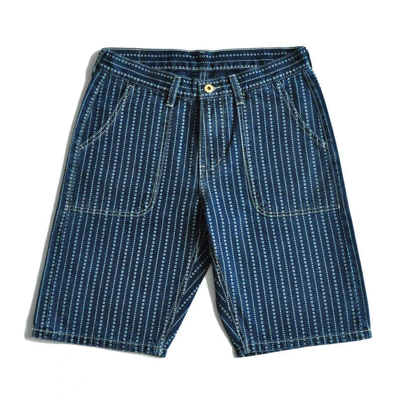 Saucezhan Mens Shorts wabash jeans shorts Heart Discharge Dyeing Shorts Denim Shorts Selvedge Jeans Vintage Japanese Style