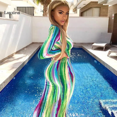 Tie Dye Stripe Print Sexy Maxi Dress Women Spring Fashion Vestidos Night Club Party Long Sleeve Bodycon Dresses