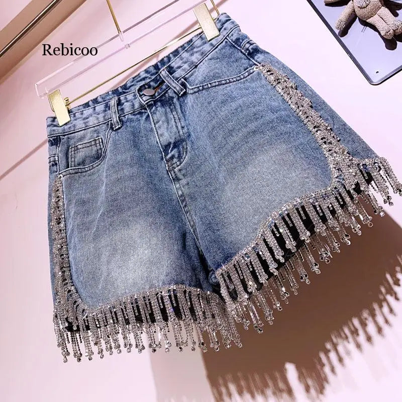 Rhinestone Fringed High Waist Denim Shorts Flash Wimen's High-end Diamond Tassel Short Jeans Hot Pants