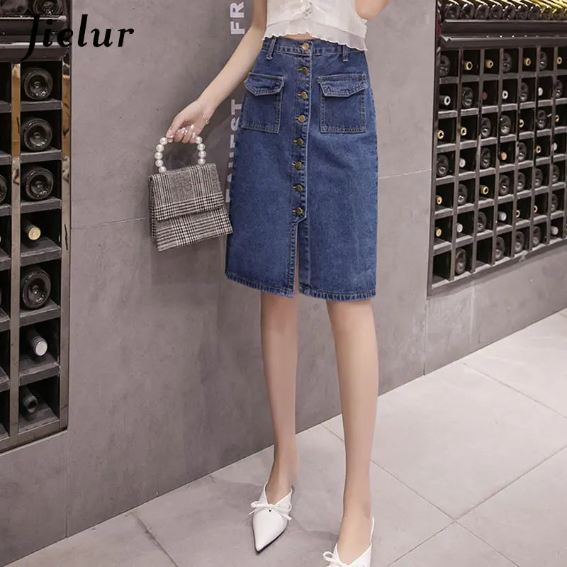 Jielur High Waist Denim Skirts Buttons Pockets Classic Jeans Skirt for Women S-5XL Size Fashion Korean Elegant Jupe Femme