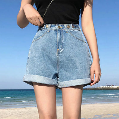 Vintage High Waist Blue Wide Leg Female Jean Shorts Women's Denim Shorts Classic Casual Summer Ladies Shorts Jeans for Women