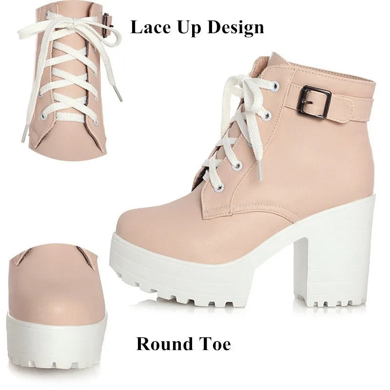 LIN KING Vintage Buckle Thick Heel Short Boots Square Heel Women Platform Ankle Boots Fashion Pu Lace Up Short Boots Big Size