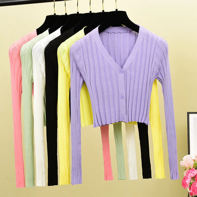 Knit Crop Tops Women V-Neck Knitted Casual Short Sweaters Cardigans Lady Knitting Thin Summer Cardigan Outwear for Female