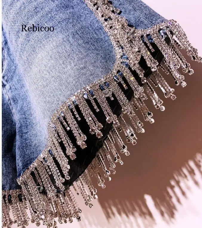 Rhinestone Fringed High Waist Denim Shorts Flash Wimen's High-end Diamond Tassel Short Jeans Hot Pants