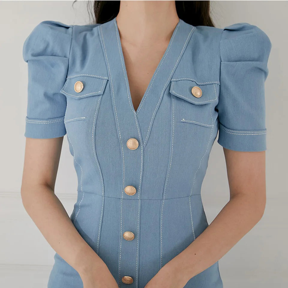 Elegant Office Lady Dress Summer High Waist Tight Dress V-Neck Puff Sleeve Decorated Single-Breasted Button Denim Dress