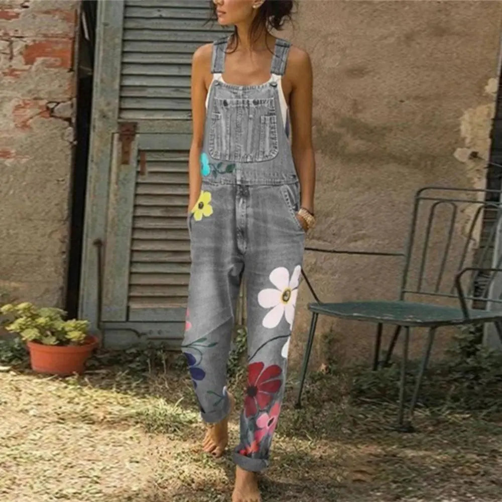 Women Jumpsuit Denim Suspender Ladies Playsuit Floral Print Pockets Rompers High Waist Long Playsuit Streetwear Fashion Overalls