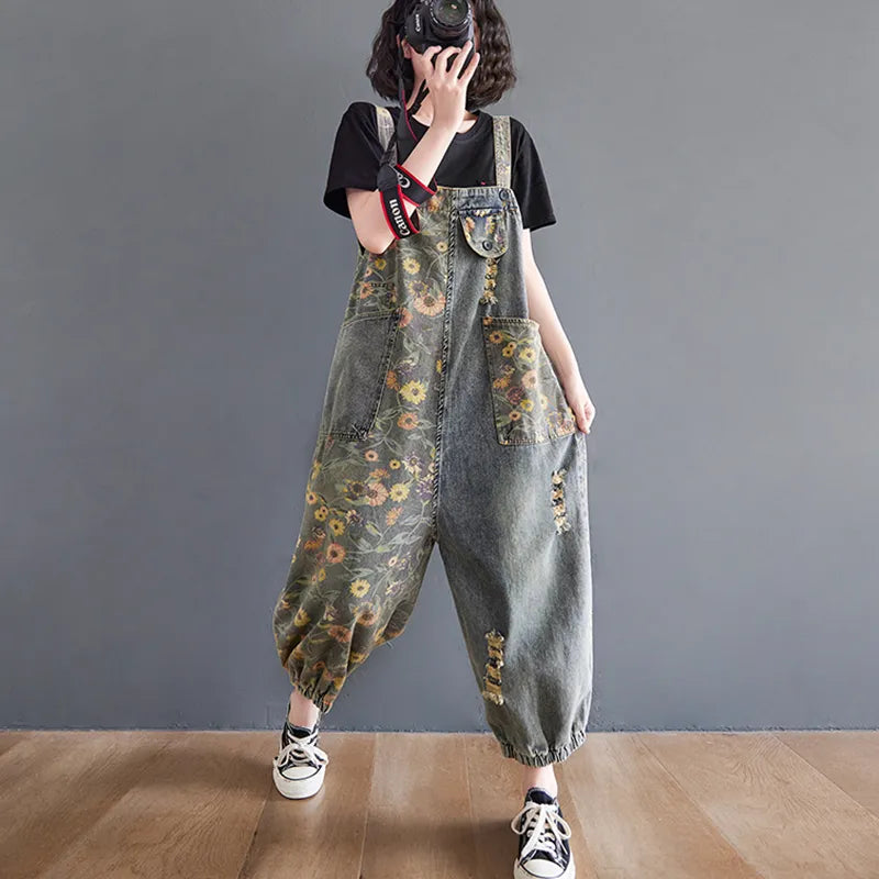 Casual Loose Plus Size Jeans Jumpsuits Women Spring Autumn Print Floral Denim Overalls Wide Leg Dungarees Straps Baggy Pants