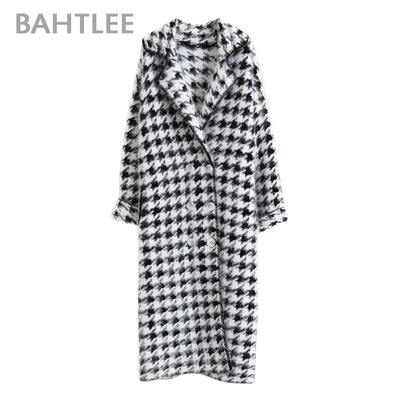 BAHTLEE Women Angora Long Coat Houndstooth Pattern Sweater Winter Wool Knitted Cardigans Jumper Turn Down Collar Long Sleeves